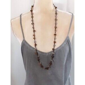 Green gold tone glass? beaded necklace string chain 34" long natural tones